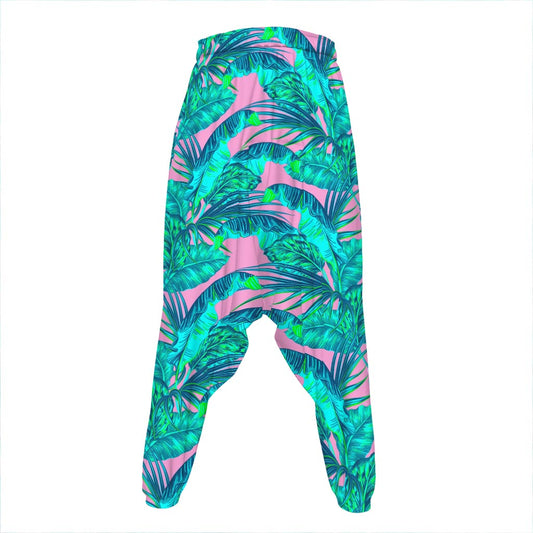 Pink Teal Tropical Leaf Pattern Print Hammer Pants
