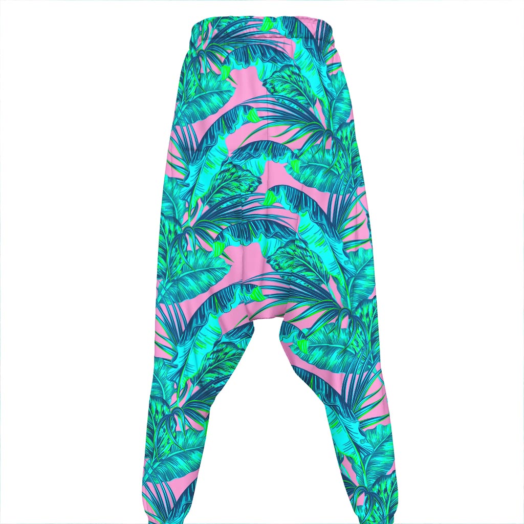 Pink Teal Tropical Leaf Pattern Print Hammer Pants