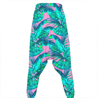 Pink Teal Tropical Leaf Pattern Print Hammer Pants