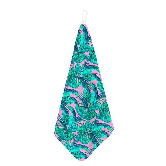 Pink Teal Tropical Leaf Pattern Print Hand Towel