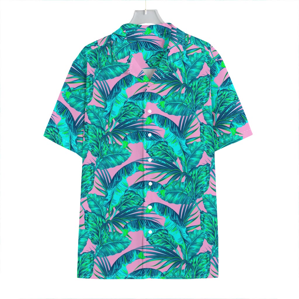 Pink Teal Tropical Leaf Pattern Print Hawaiian Shirt