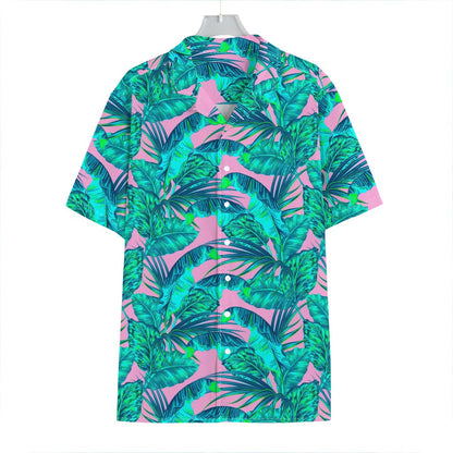 Pink Teal Tropical Leaf Pattern Print Hawaiian Shirt