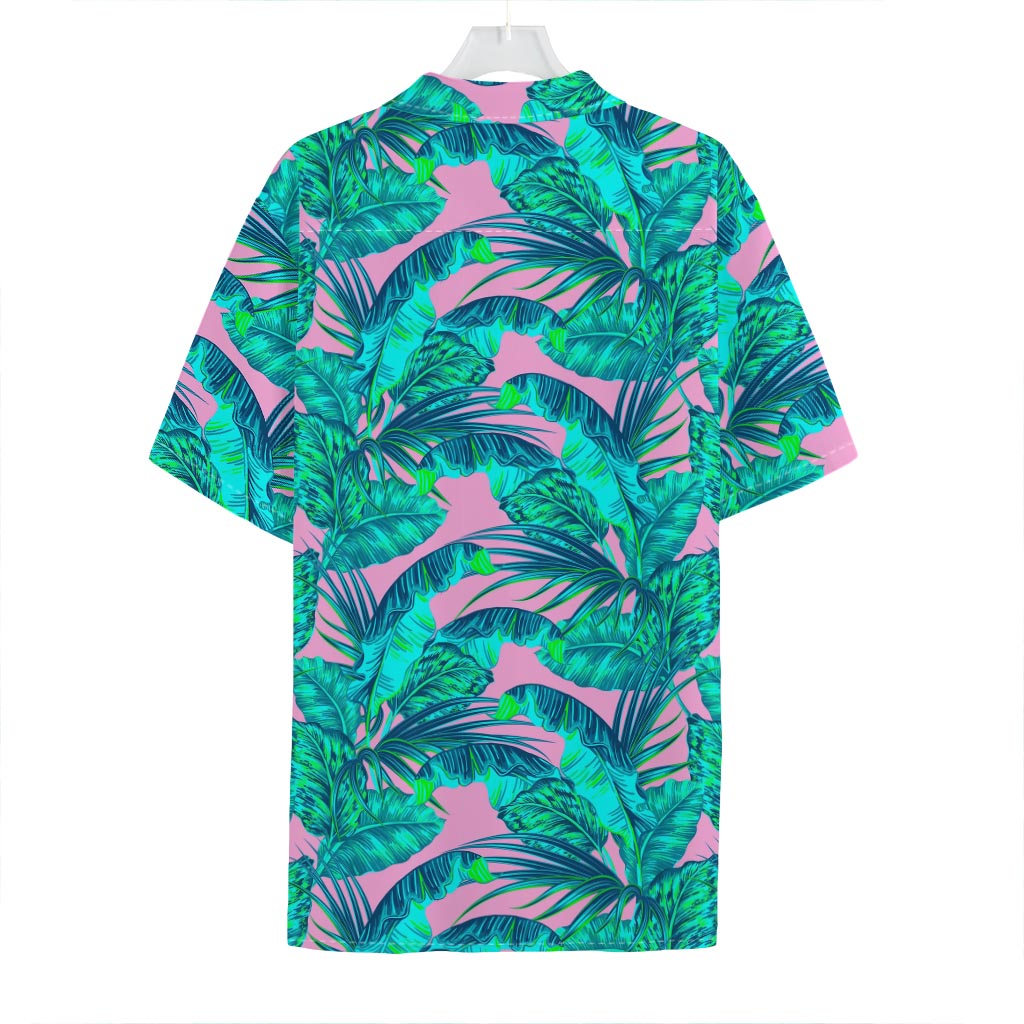 Pink Teal Tropical Leaf Pattern Print Hawaiian Shirt