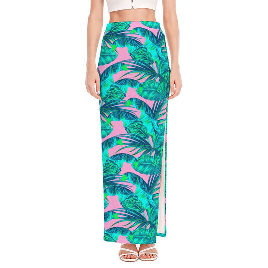 Pink Teal Tropical Leaf Pattern Print High Slit Maxi Skirt