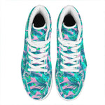 Pink Teal Tropical Leaf Pattern Print High Top Leather Sneakers