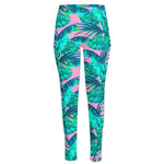 Pink Teal Tropical Leaf Pattern Print High-Waisted Pocket Leggings