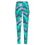 Pink Teal Tropical Leaf Pattern Print High-Waisted Pocket Leggings