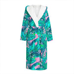 Pink Teal Tropical Leaf Pattern Print Hooded Bathrobe