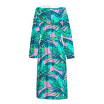 Pink Teal Tropical Leaf Pattern Print Hooded Bathrobe