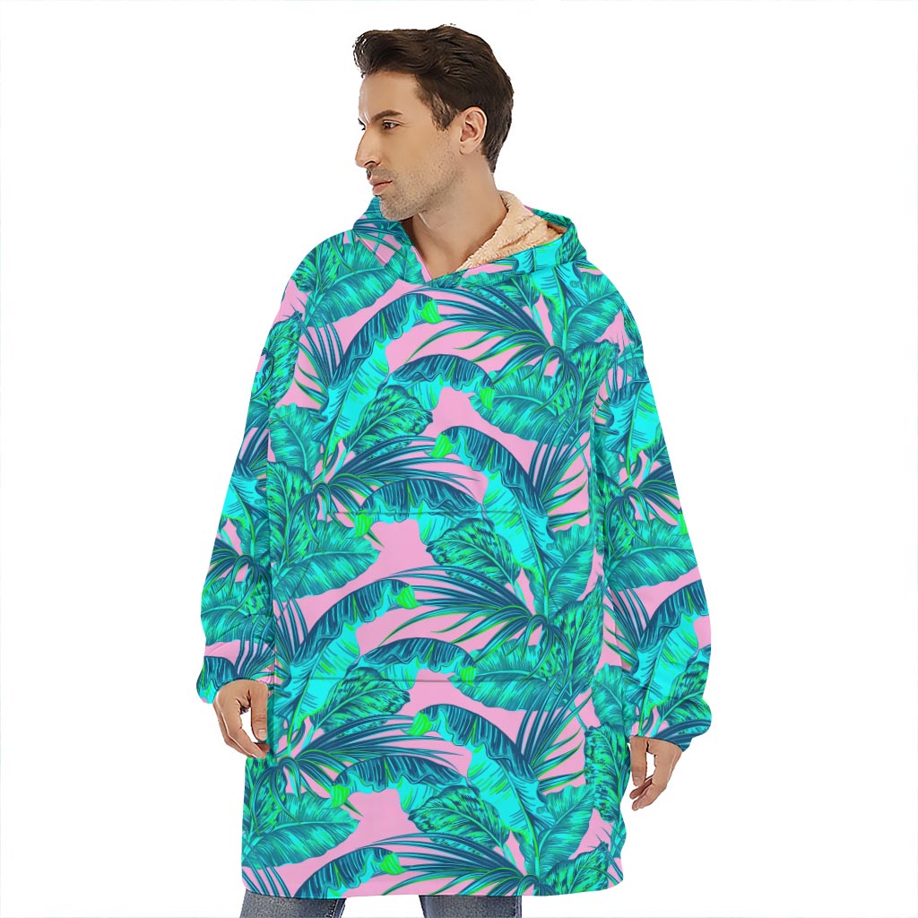 Pink Teal Tropical Leaf Pattern Print Hoodie Blanket