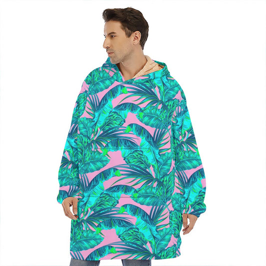 Pink Teal Tropical Leaf Pattern Print Hoodie Blanket