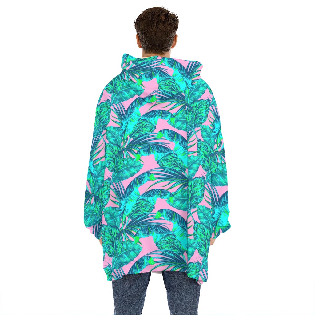 Pink Teal Tropical Leaf Pattern Print Hoodie Blanket