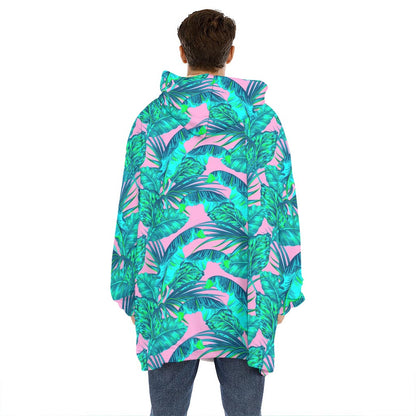 Pink Teal Tropical Leaf Pattern Print Hoodie Blanket