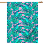 Pink Teal Tropical Leaf Pattern Print House Flag