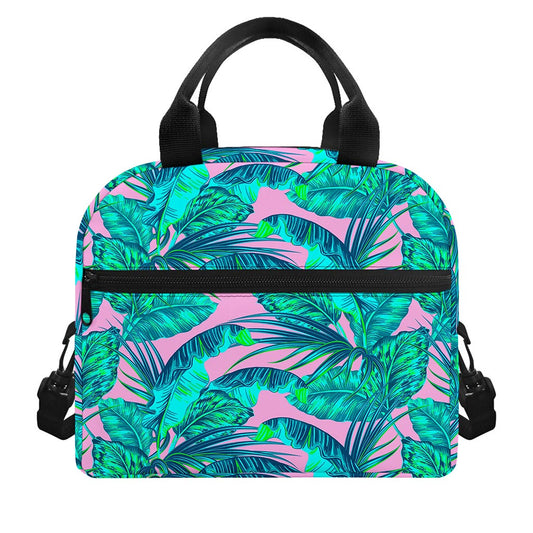 Pink Teal Tropical Leaf Pattern Print Insulated Lunch Bag