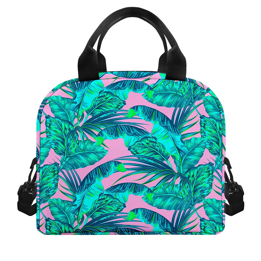 Pink Teal Tropical Leaf Pattern Print Insulated Lunch Bag