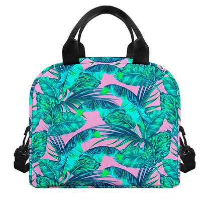 Pink Teal Tropical Leaf Pattern Print Insulated Lunch Bag