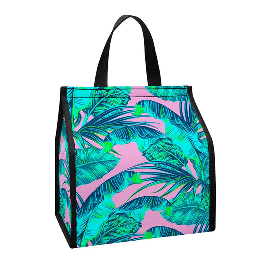 Pink Teal Tropical Leaf Pattern Print Insulated Lunch Tote