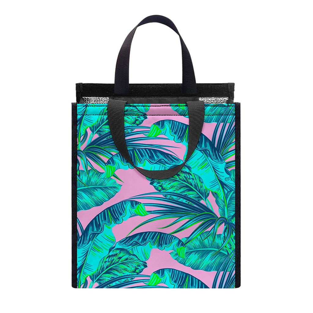 Pink Teal Tropical Leaf Pattern Print Insulated Lunch Tote