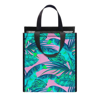 Pink Teal Tropical Leaf Pattern Print Insulated Lunch Tote