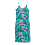 Pink Teal Tropical Leaf Pattern Print Jersey Midi Cami Dress