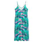 Pink Teal Tropical Leaf Pattern Print Jersey Midi Cami Dress