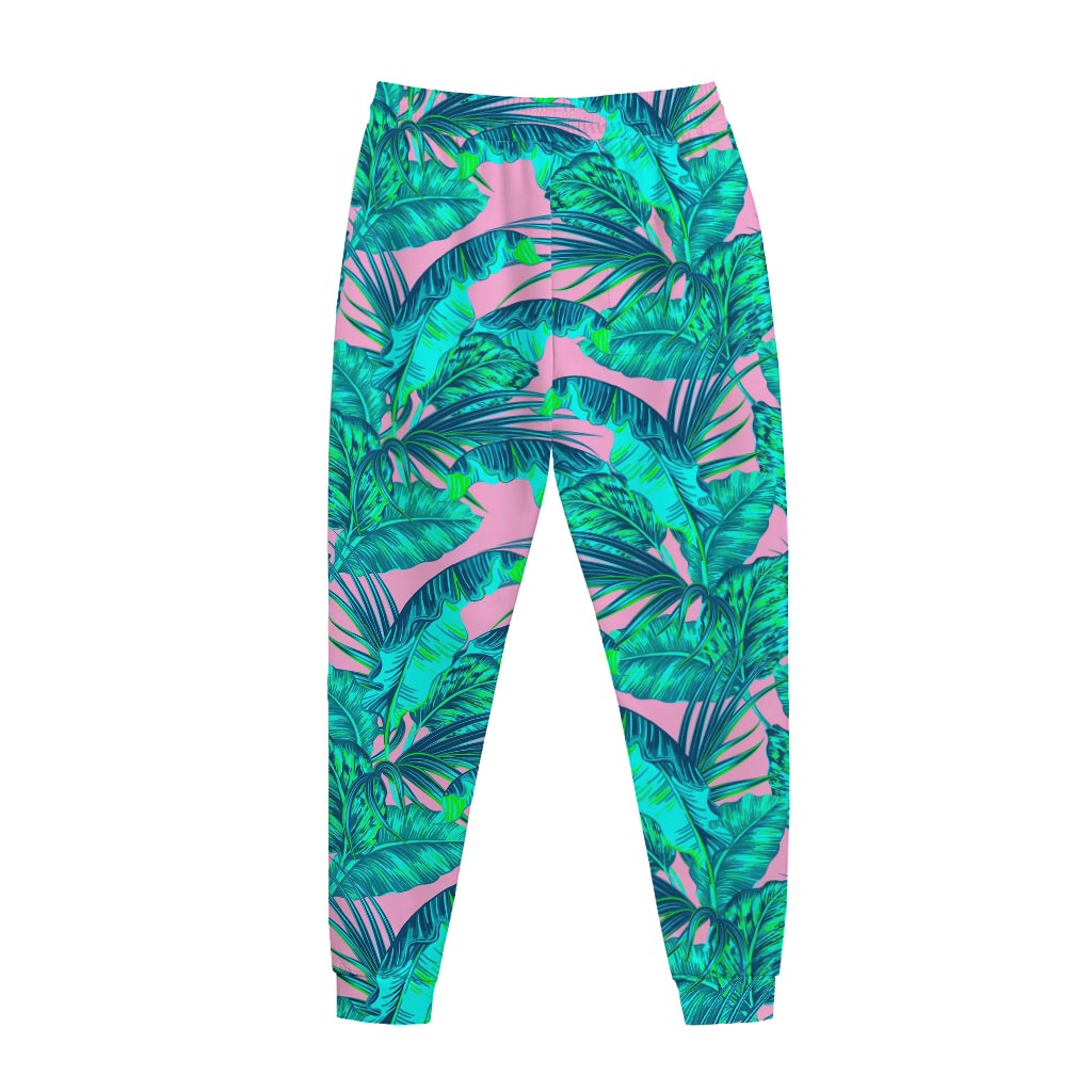 Pink Teal Tropical Leaf Pattern Print Jogger Pants