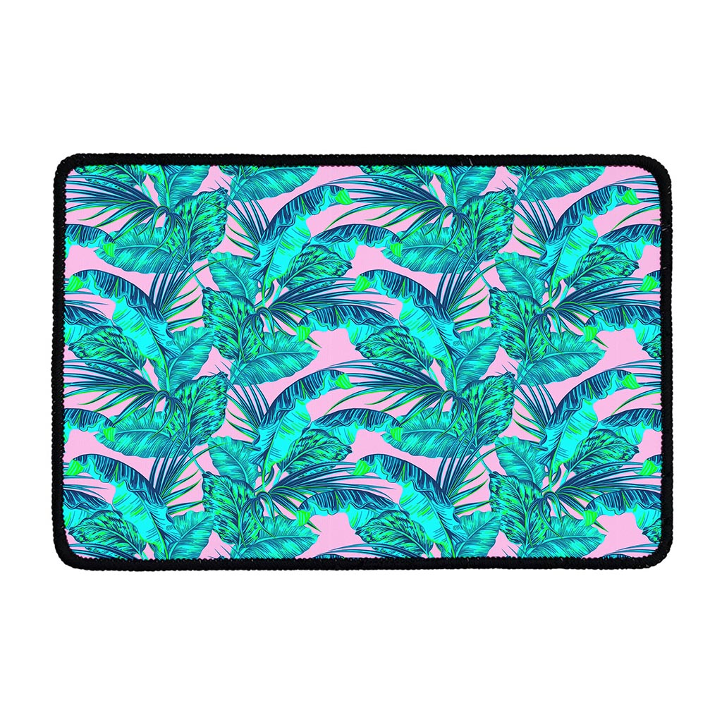 Pink Teal Tropical Leaf Pattern Print Kitchen Mat