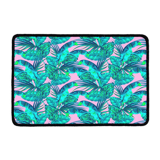 Pink Teal Tropical Leaf Pattern Print Kitchen Mat