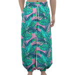 Pink Teal Tropical Leaf Pattern Print Lantern Pants