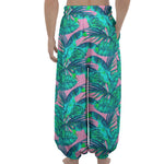Pink Teal Tropical Leaf Pattern Print Lantern Pants