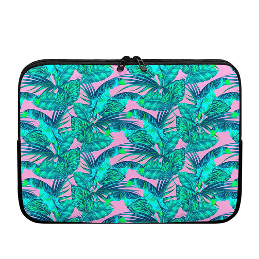 Pink Teal Tropical Leaf Pattern Print Laptop Sleeve