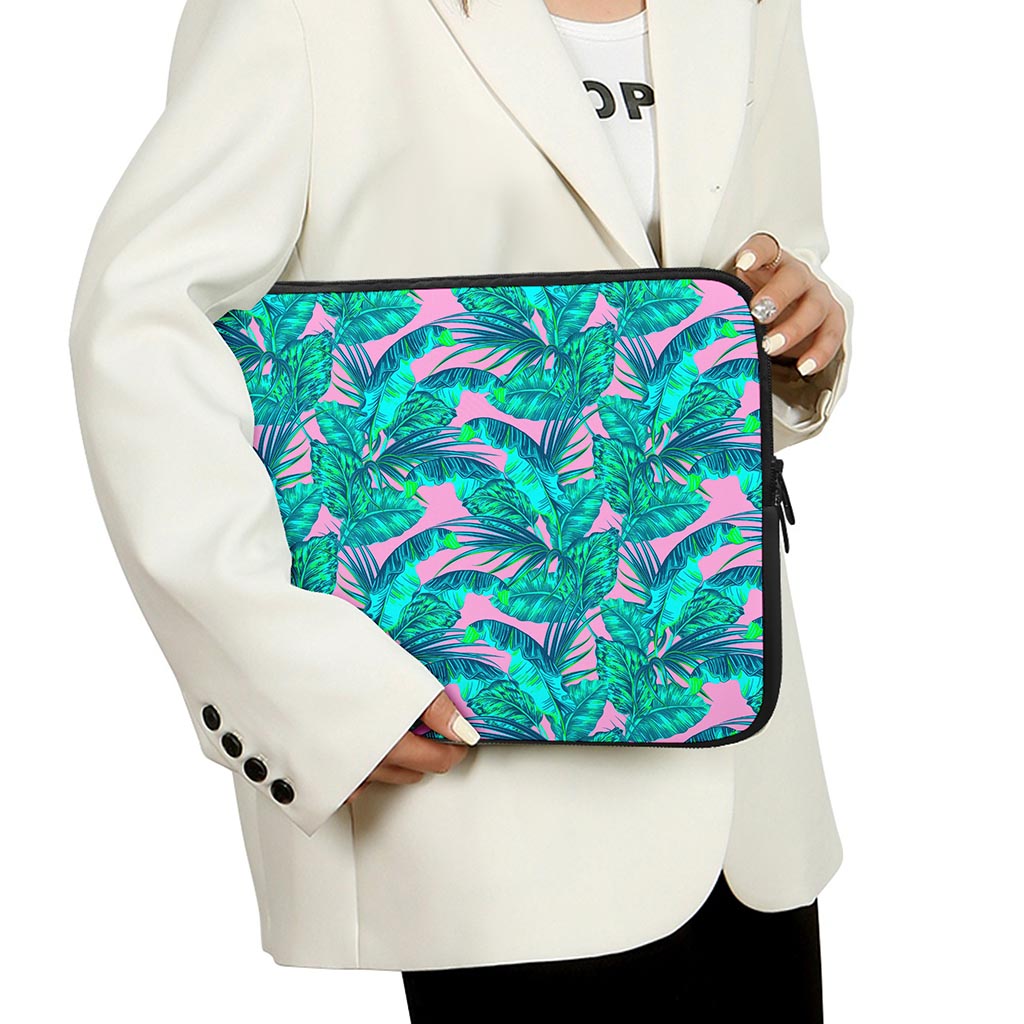 Pink Teal Tropical Leaf Pattern Print Laptop Sleeve