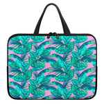 Pink Teal Tropical Leaf Pattern Print Laptop Sleeve With Handle