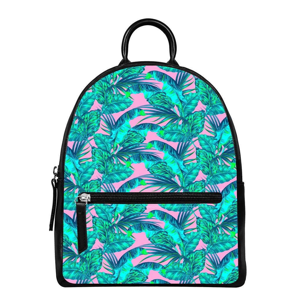 Pink Teal Tropical Leaf Pattern Print Leather Backpack