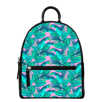 Pink Teal Tropical Leaf Pattern Print Leather Backpack