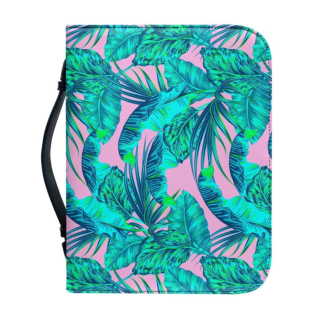 Pink Teal Tropical Leaf Pattern Print Leather Bible Cover
