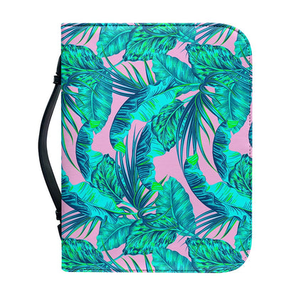 Pink Teal Tropical Leaf Pattern Print Leather Bible Cover