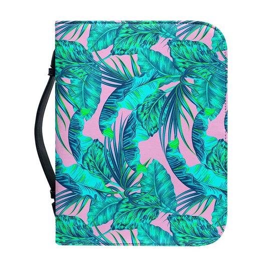 Pink Teal Tropical Leaf Pattern Print Leather Bible Cover