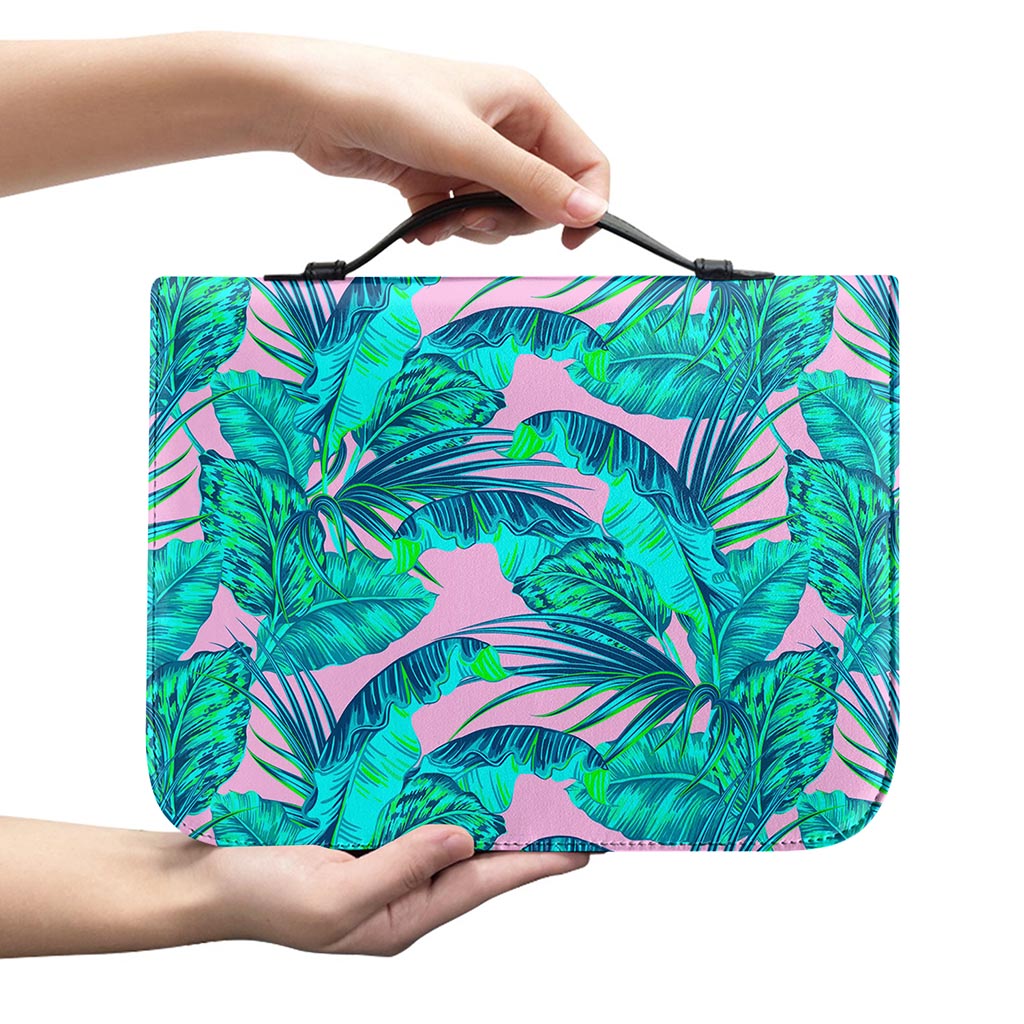 Pink Teal Tropical Leaf Pattern Print Leather Bible Cover