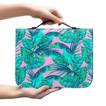 Pink Teal Tropical Leaf Pattern Print Leather Bible Cover