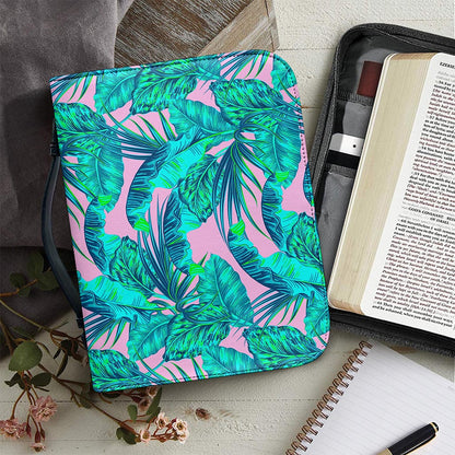 Pink Teal Tropical Leaf Pattern Print Leather Bible Cover