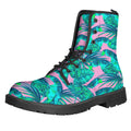 Pink Teal Tropical Leaf Pattern Print Lace-Up Boots