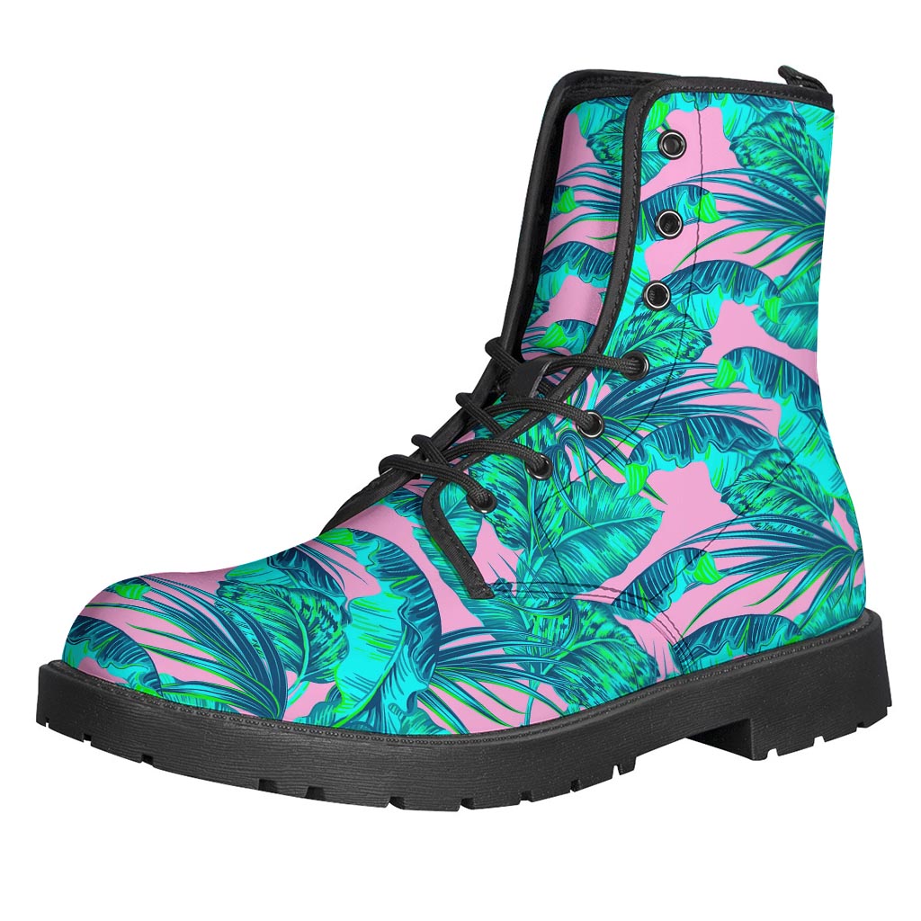 Pink Teal Tropical Leaf Pattern Print Backpack