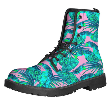 Pink Teal Tropical Leaf Pattern Print Backpack