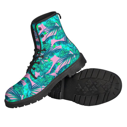 Pink Teal Tropical Leaf Pattern Print Backpack