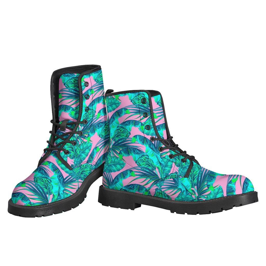 Pink Teal Tropical Leaf Pattern Print Backpack
