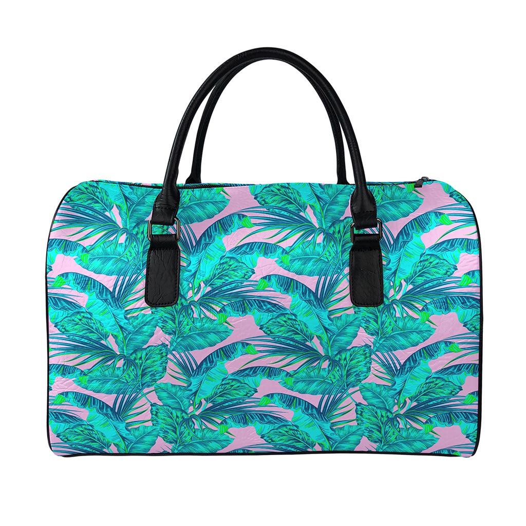 Pink Teal Tropical Leaf Pattern Print Leather Duffle Bag