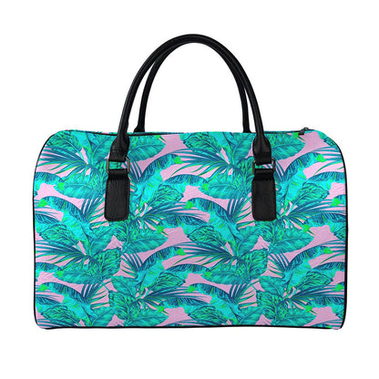 Pink Teal Tropical Leaf Pattern Print Leather Duffle Bag