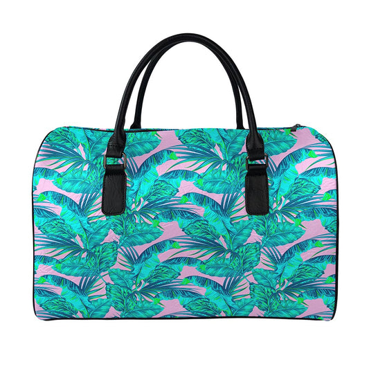 Pink Teal Tropical Leaf Pattern Print Leather Duffle Bag